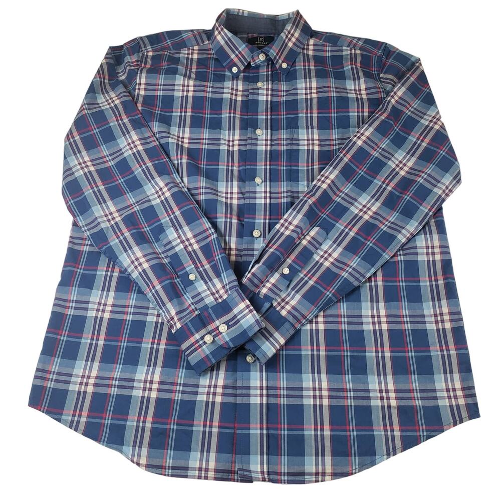George Shirt Mens Medium Button Up Plaid Collared Long Sleeve Navy Red Top